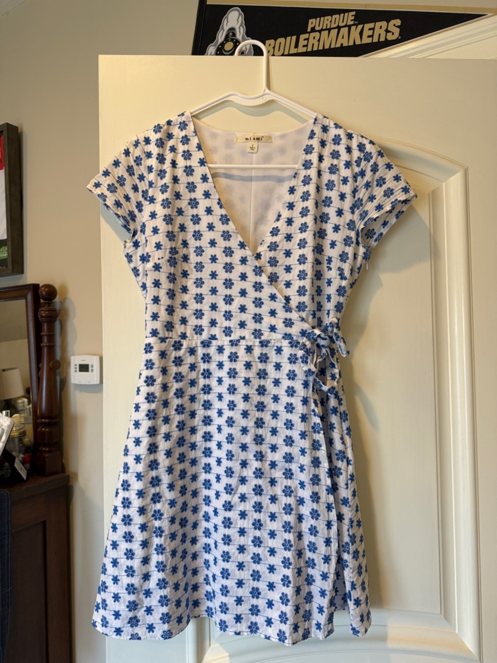 Francesca's Collections White Wrap Dress with Blue Floral Print